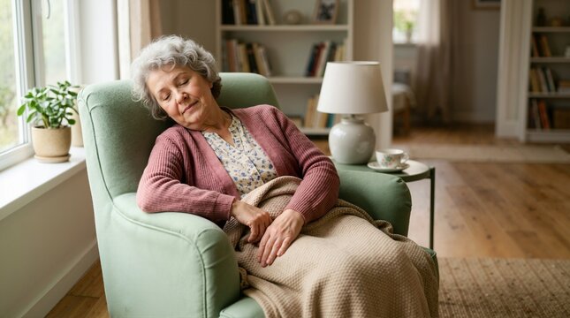 Senior woman sleeping in armchair at home. Elderly lady napping under blanket in cozy living room