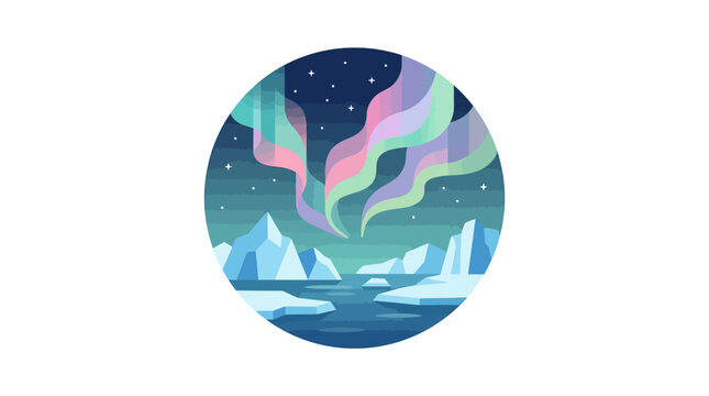 Vibrant aurora borealis dancing over a frozen arctic landscape with icebergs.