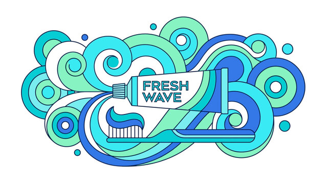 Professional flat vector illustration of toothpaste tube and toothbrush on colorful wave background