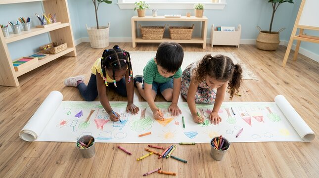 Three diverse young children kneeling on a wooden floor, happily coloring on a long paper roll with crayons in a bright playroom.