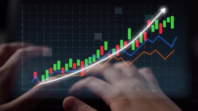This image showcases hands interacting with a digital display of graphs and charts that highlight upward market trends and financial growth, ideal for business analysis. Copula