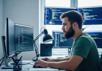 Fototapeta premium Professional Software Developer Working on Multiple Monitors with Complex Code in Modern Office Environment