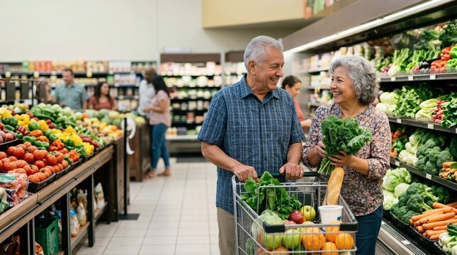 Happy Hispanic senior couple grocery shopping in supermarket. Elderly husband and wife buying fresh vegetables