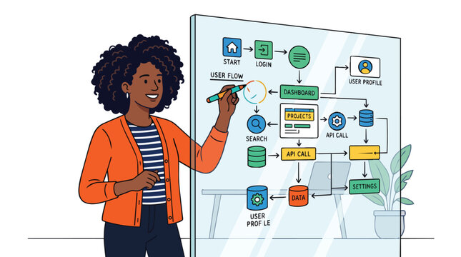 Ux designer architectural mapping of user flow diagrams on glass board in clean flat vector for software development agencies