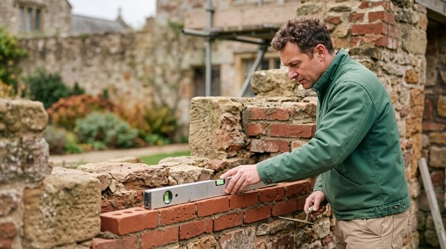 Male bricklayer checking wall alignment with spirit level. Construction precision concept