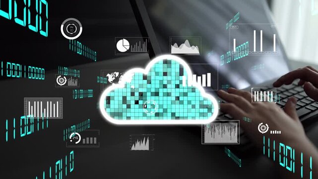 A modern digital representation of cloud computing combined with data analytics, showcasing information graphics and tools utilized in business strategy and technology integration. Xenic