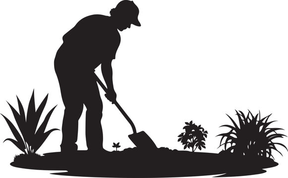 Silhouette of a person digging in a garden with plants shovel