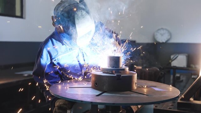 Angle grinder sparks hit camera during metal grinding in a factory workshop, showing close-up abrasive cutting, industrial work, safety gloves, glowing particles and intense repair process.
