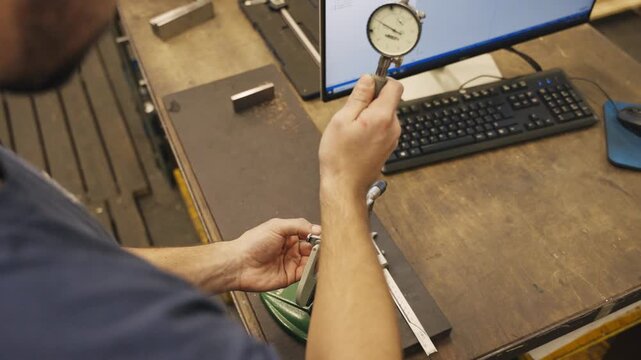 Dial indicator zero point calibration on metal workpiece in a factory workshop, showing precision setup, machining fixture, gauge needle, tolerance check and quality control process.