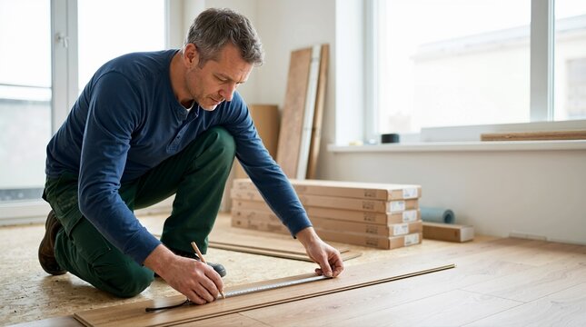Man measuring laminate wood plank with tape measure. Contractor marking flooring board for installation. Home renovation and interior repair