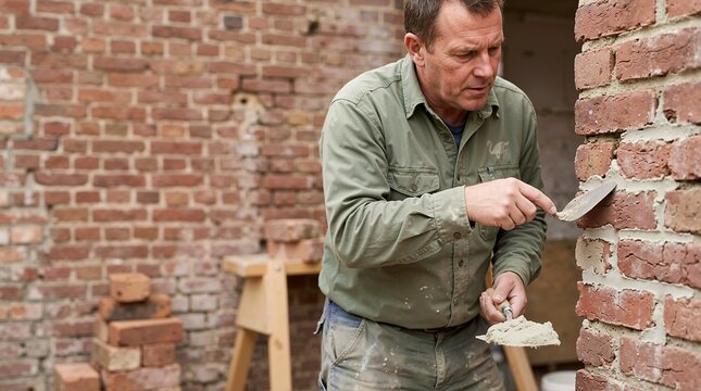 Mason plastering brick joints with mortar and trowel. Man repairing red brick wall. Tuckpointing and masonry restoration work