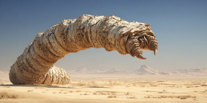 Giant worm creature emerging from sand dunes under a clear blue sky