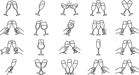 Champagne Toast Line Icon Collection with Clinking Glasses and Celebration Drink Illustrations © Mst Menara