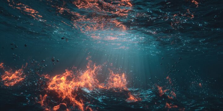 Underwater abstract composition with fiery orange and blue light effects and textures