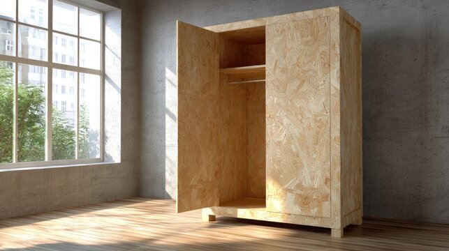 Wooden Wardrobe in Minimalist Room with Natural Light Streaming In