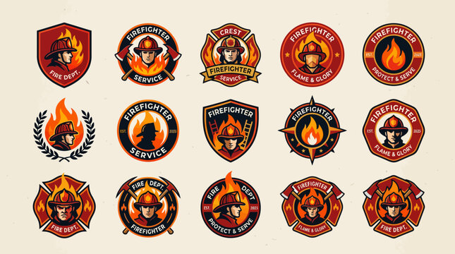 Set of vintage firefighter department emblems and crests.