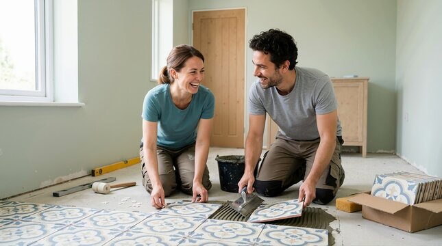 Smiling couple laying patterned floor tiles in a room. Happy man and woman doing DIY home renovation together. Tiling and interior remodeling concept