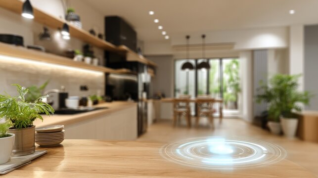 Modern kitchen with futuristic digital interface concept overlay