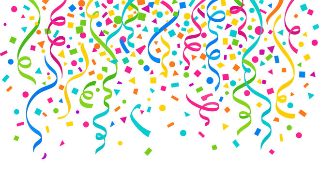 Colorful party streamers and confetti falling on a white background.