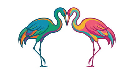 Fototapeta premium Two vibrant stylized cranes facing each other forming a heart shape with their necks.