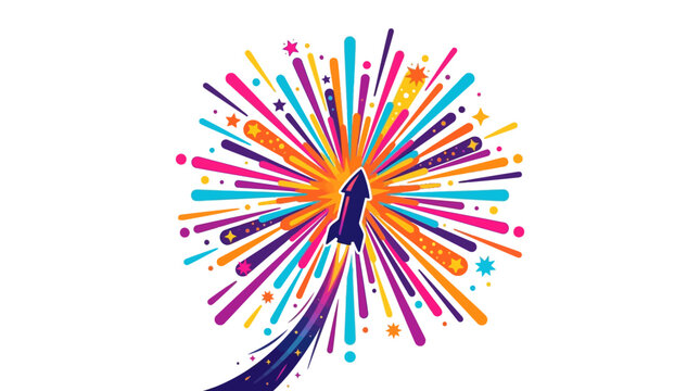 A vibrant rocket ship launching upwards with colorful explosive firework trails.