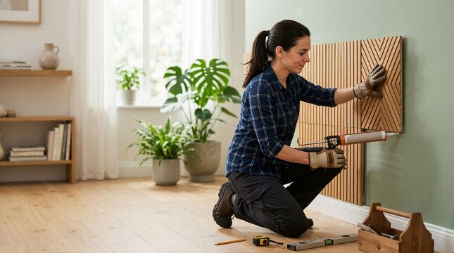 Woman installing decorative wooden panels on wall with caulking gun. Female carpenter doing interior design and home renovation project