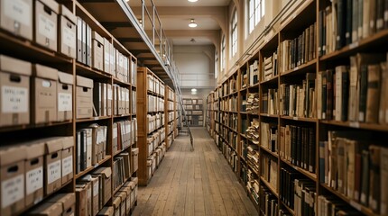 Obraz premium Vintage Library Archive Storage Room with Books and Documents