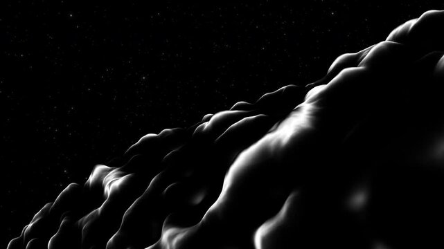 Monochromatic high-contrast sci-fi graphic of an abstract 3D cosmic landscape. Features a dark wavy alien planet surface moving against a starry night sky backdrop for deep space concepts.