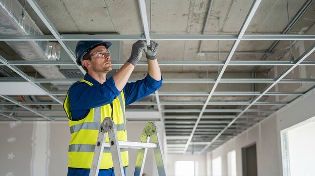 Construction worker adjusting a metal ceiling framework. Male builder on a ladder installing a suspended ceiling. Renovation and building concept