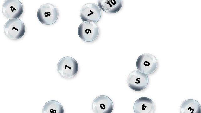 Falling Glass Spheres with Black Numbers on White Background