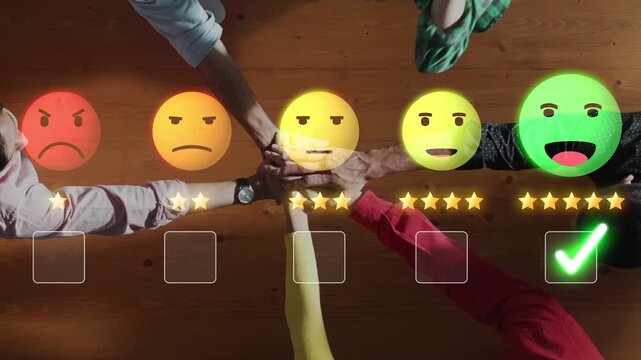 Diverse hands engage in a feedback session, illustrating satisfaction and emotion through colorful icons on a wooden table. Highlighting communication and evaluation in teamwork. Raster