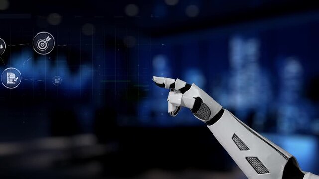 A futuristic robotic hand reaches out to interact with various digital icons that symbolize technology and innovation in a contemporary workspace setting. Synapse