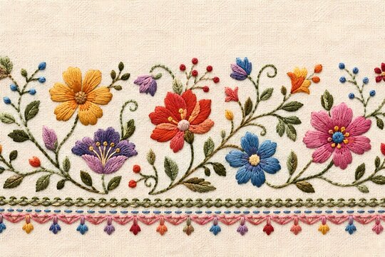 Colorful floral embroidery pattern with flowers handmade needlework decoration