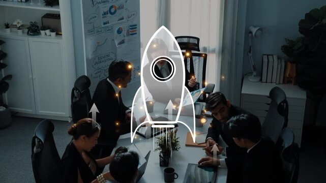 A dynamic office meeting showcases professional individuals brainstorming innovative ideas, symbolizing growth and success represented by a rocket concept for future planning. Raster