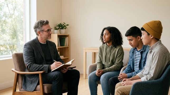 A male therapist leads a group counseling session with three diverse teenagers, discussing their feelings and experiences in a supportive environment.