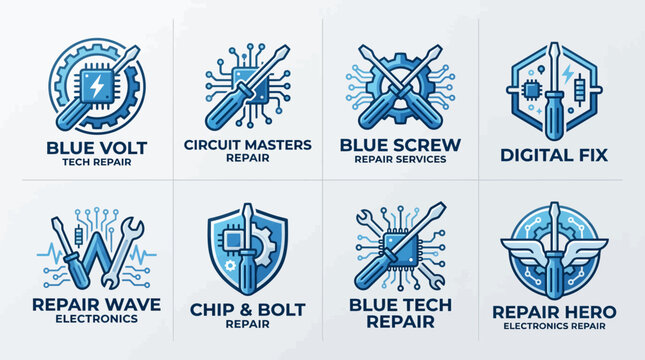 Blue electronics repair service logo icons collection.