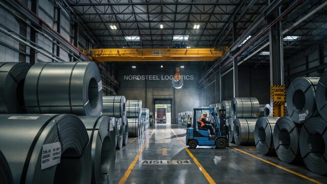 Forklift moving steel coils in a nordsteel logistics warehouse
