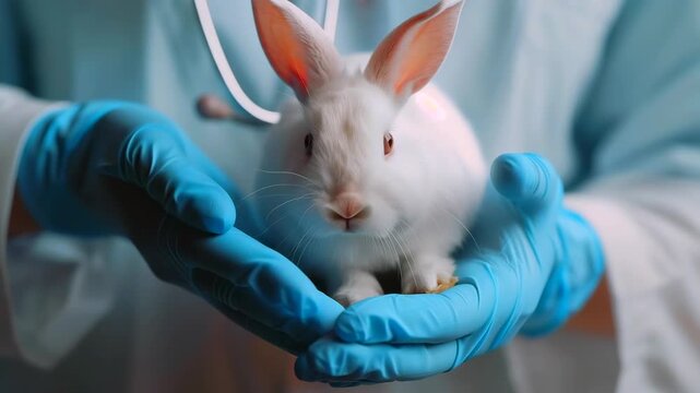 white rabbit cradled in gloved hands, veterinarian researcher gently inspects fur and paws under clinical lighting, sterile blue gloves and labcoat visible, closeup portrait conveying calm,