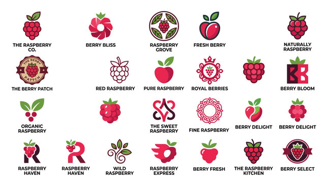 Collection of pink raspberry fruit logo icons.