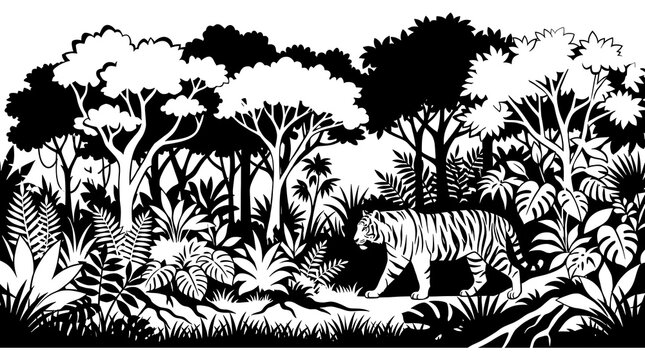 Tiger prowling through a dense tropical jungle forest landscape