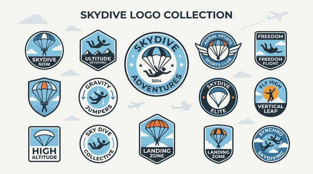 Skydive logo collection featuring parachutes and wing badges.
