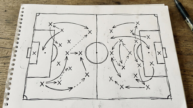 Hand-drawn soccer tactics on a spiral notebook, showing player positions and movement arrows on a wooden table with a pen nearby.