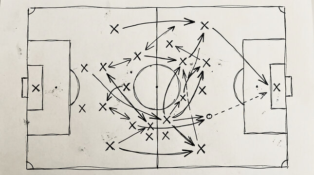 A tactical soccer strategy diagram with player positions marked by Xs and arrows indicating planned passes and movements across the field.