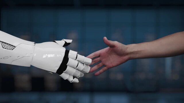 A human hand reaches out to a robotic hand, showcasing a blend of technology and human interaction with AI icons symbolizing innovation and digital progress. Synapse