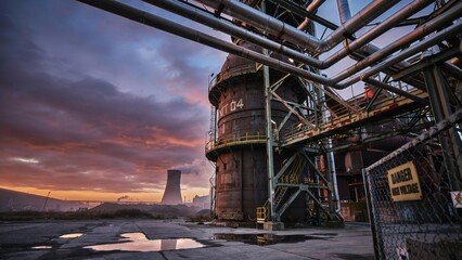 Fototapeta premium Industrial blast furnace at sunset with pipes and danger sign