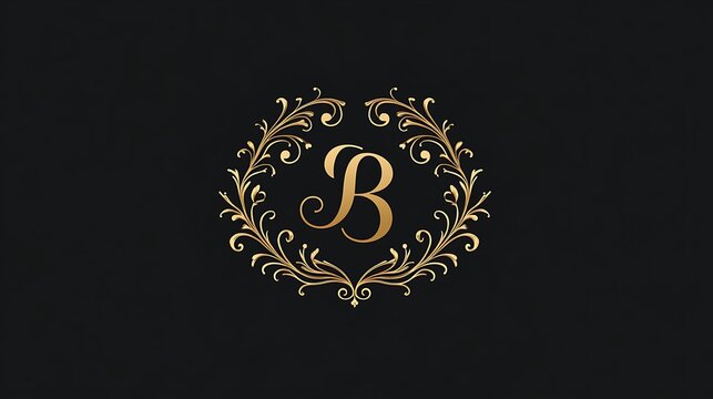 Elegant gold letter B monogram logo design featuring intricate floral flourishes isolated on a solid dark black background texture