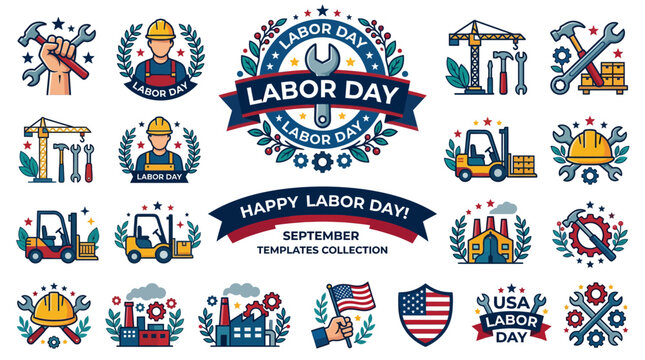 Labor Day American Icons: Tools, Workers, USA Flag, Forklifts, Cranes