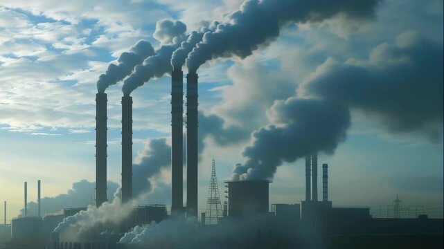 dawn industrial skyline with smokestacks releasing heavy smoke, bluegray morning light, distant plant silhouettes, dense plumes curling into cloudcover, moody atmosphere and environmental