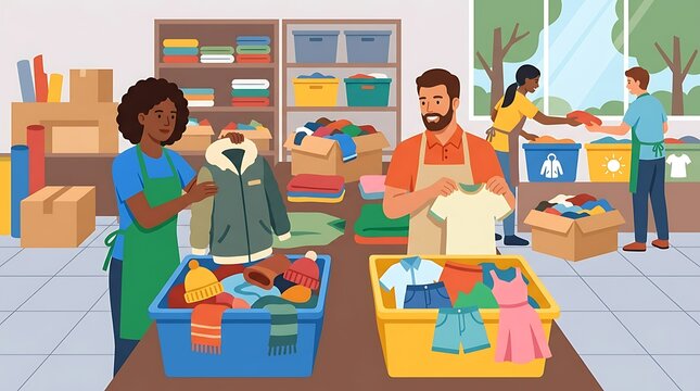 Diverse volunteers sorting donated clothes in a community center