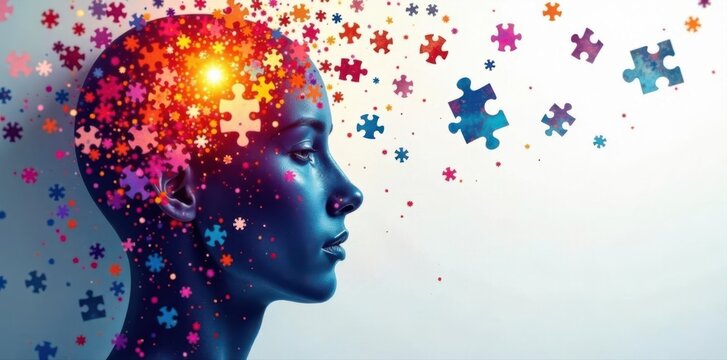 Abstract human head jigsaw puzzle, scattered pieces , brain, illness, fragmented